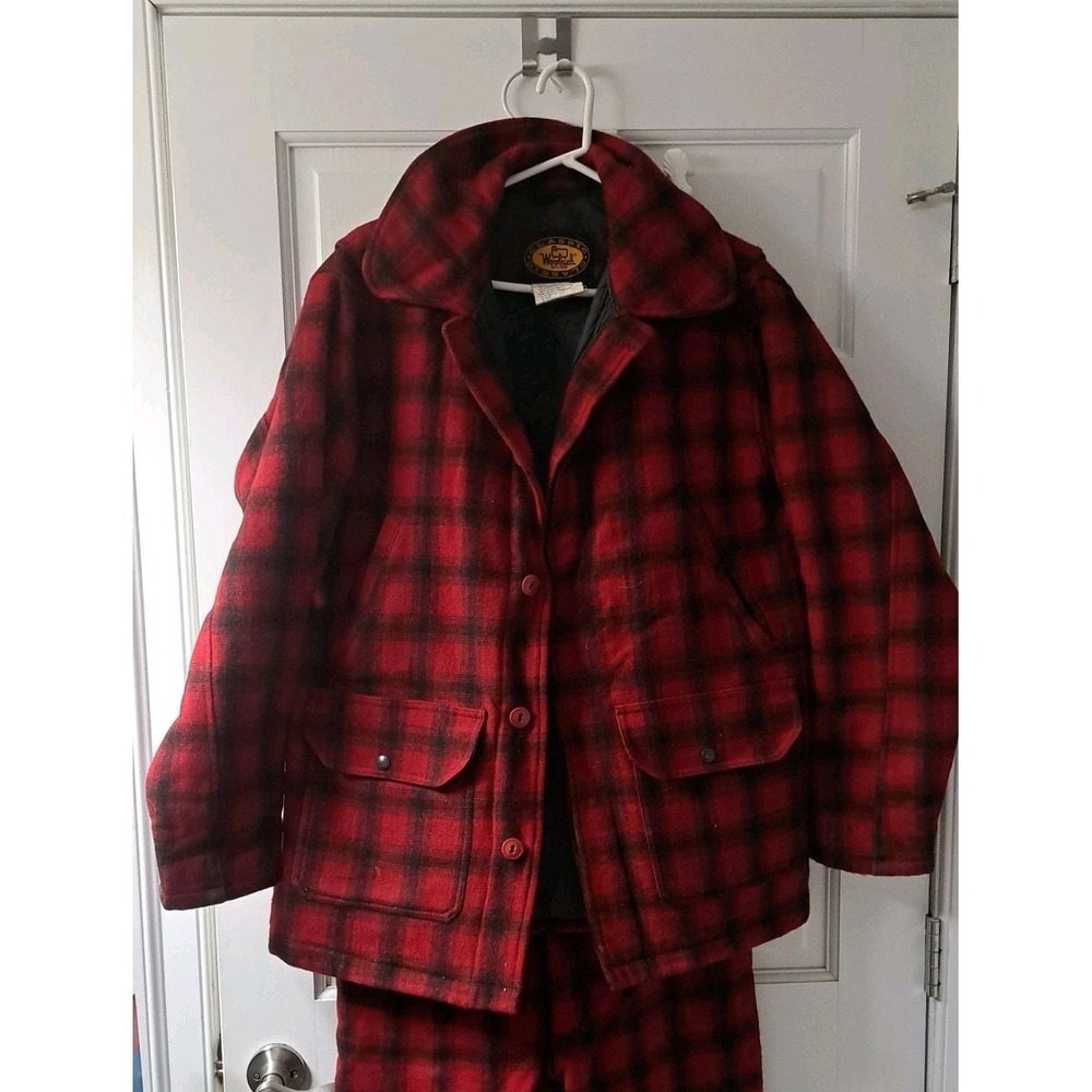 VTG‎ Woolrich Wool Suit 2 Pc Set Red/Black Plaid Hunt Coat Med/Pants 36 USA EUC
